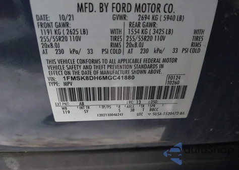 2021 Ford Explorer Xlt из США, поврежденный, VIN 1FMSK8DH6MGC41880